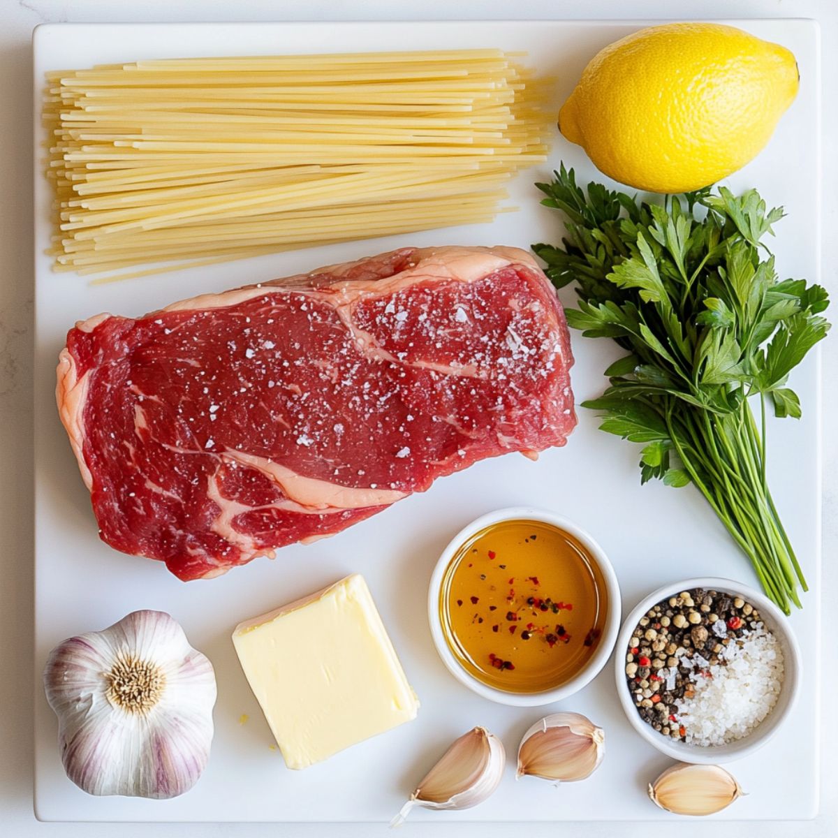  Raw ingredients for garlic steak pasta scattered on a white kitchen counter