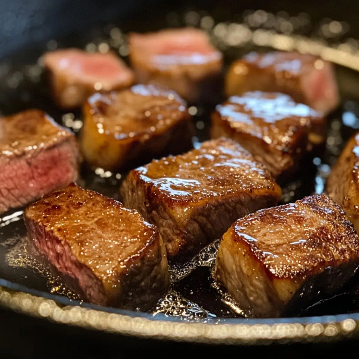 Steak pieces searing in a skillet on a home stove