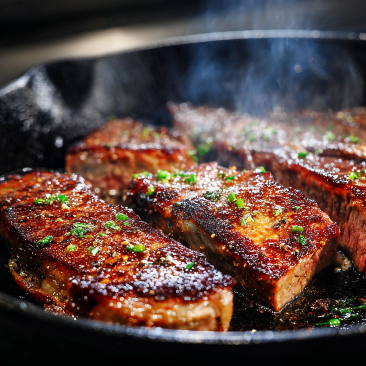 Slices of steak sizzling in a cast-iron skillet