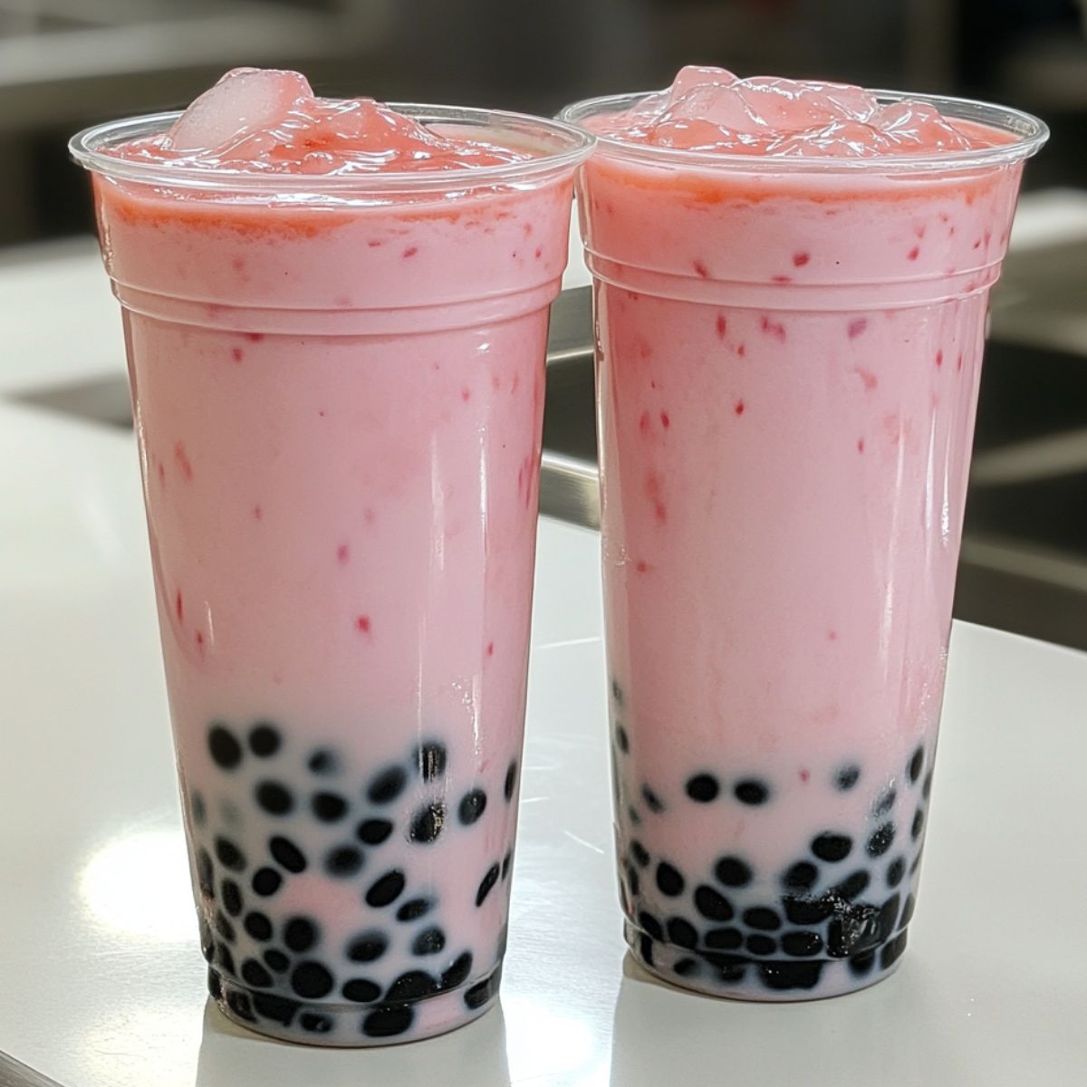 Two glasses of strawberry milk tea ready to serve with ice and garnish