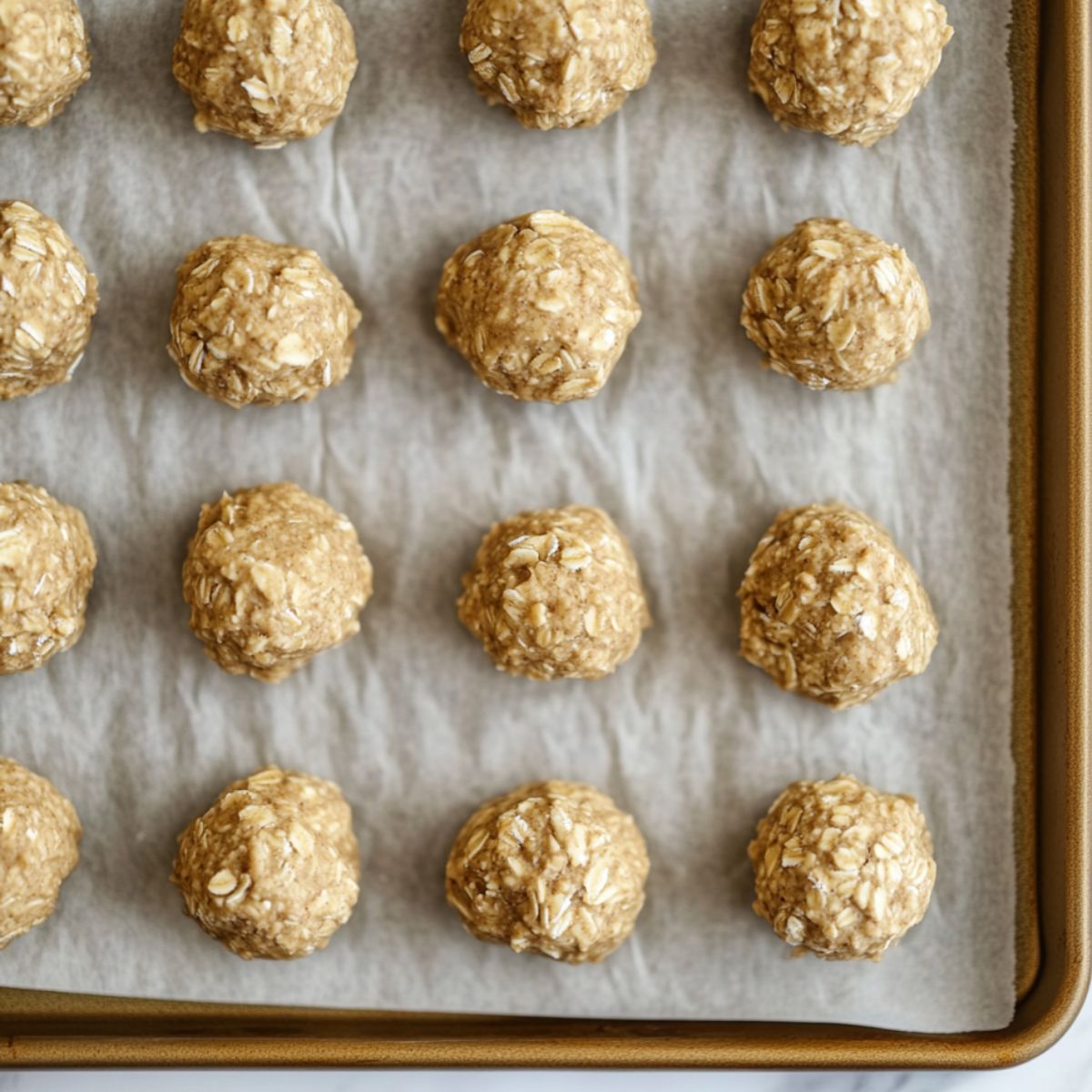 Unbaked peanut butter oatmeal cookie dough balls on a baking sheet