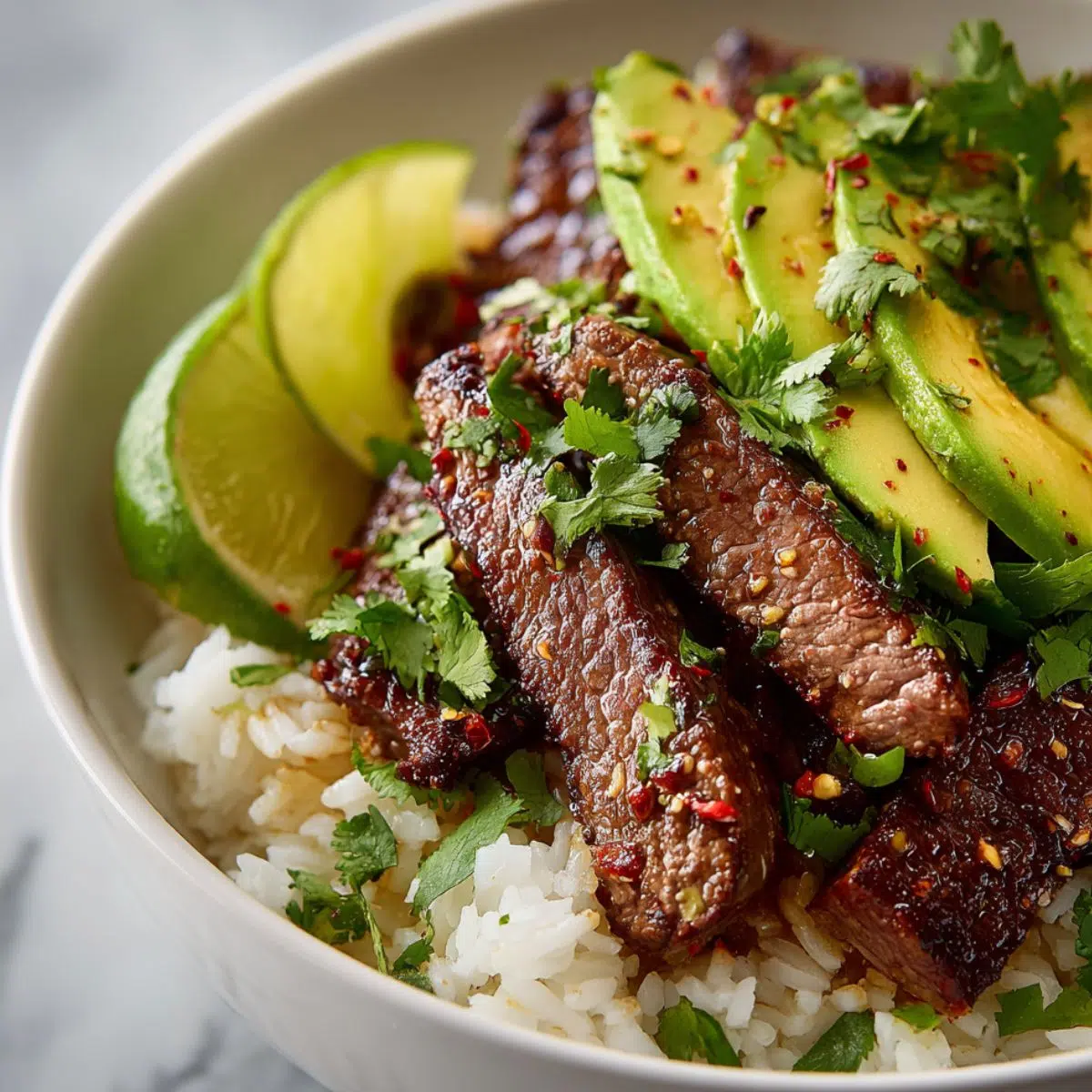 Overhead view of a homemade cilantro lime steak and rice bowl with avocado and red onions