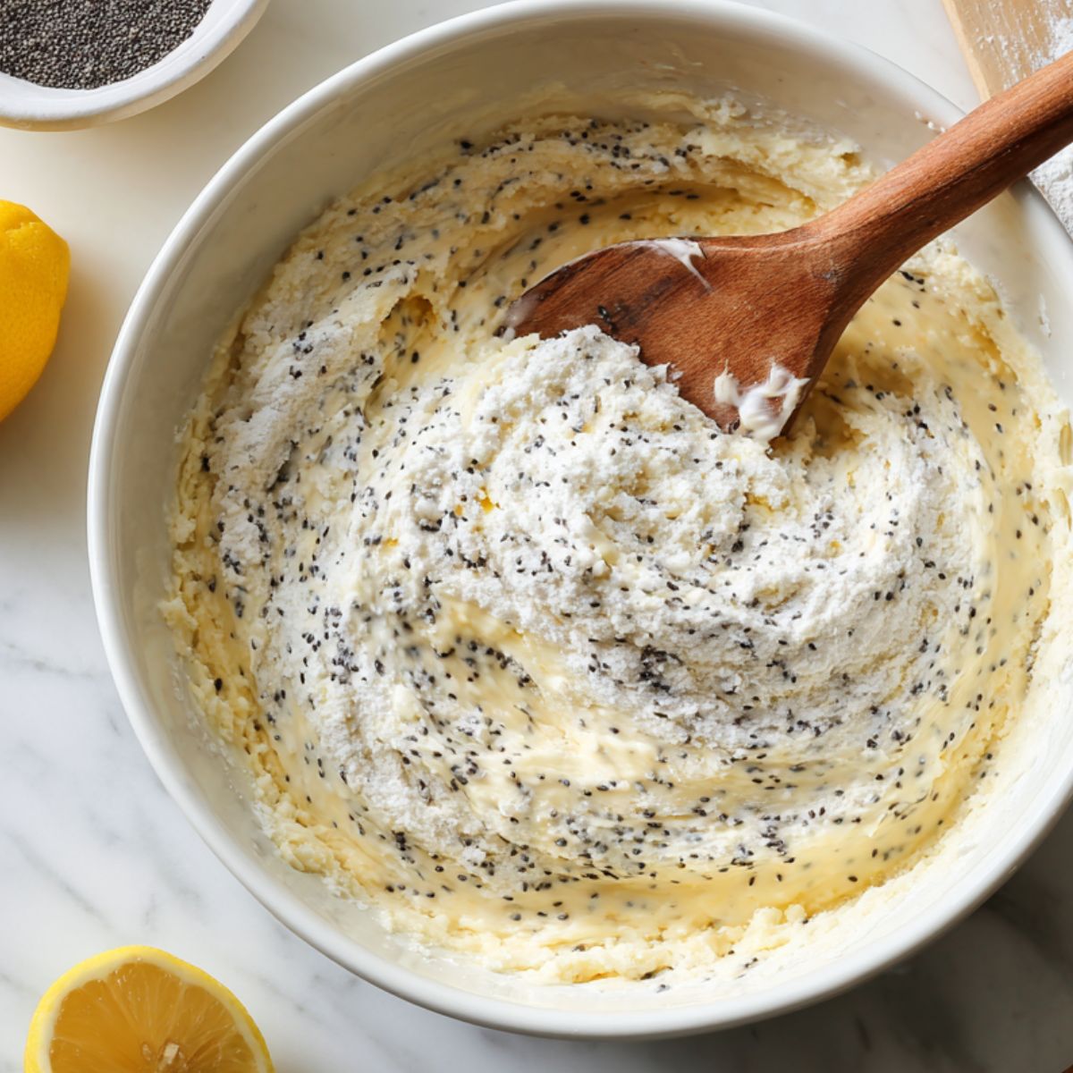 Folding dry ingredients into lemon poppy seed cookie dough on a white counter
