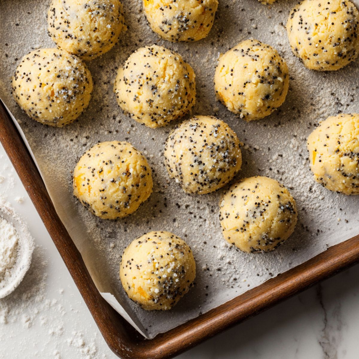 Cookie dough balls for lemon poppy seed cookies ready to bake on a parchment-lined tray