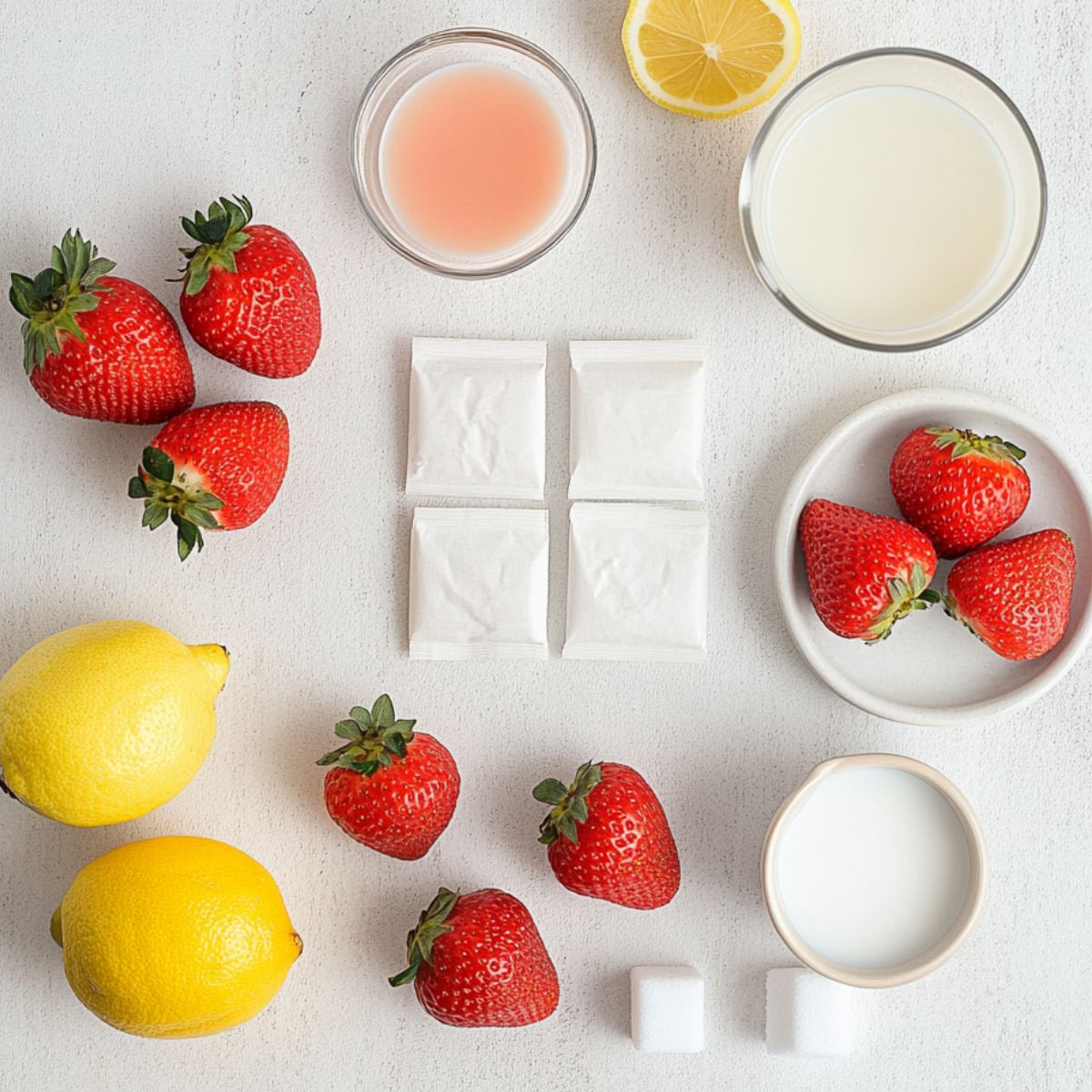 All ingredients for homemade strawberry milk tea displayed on a kitchen counter