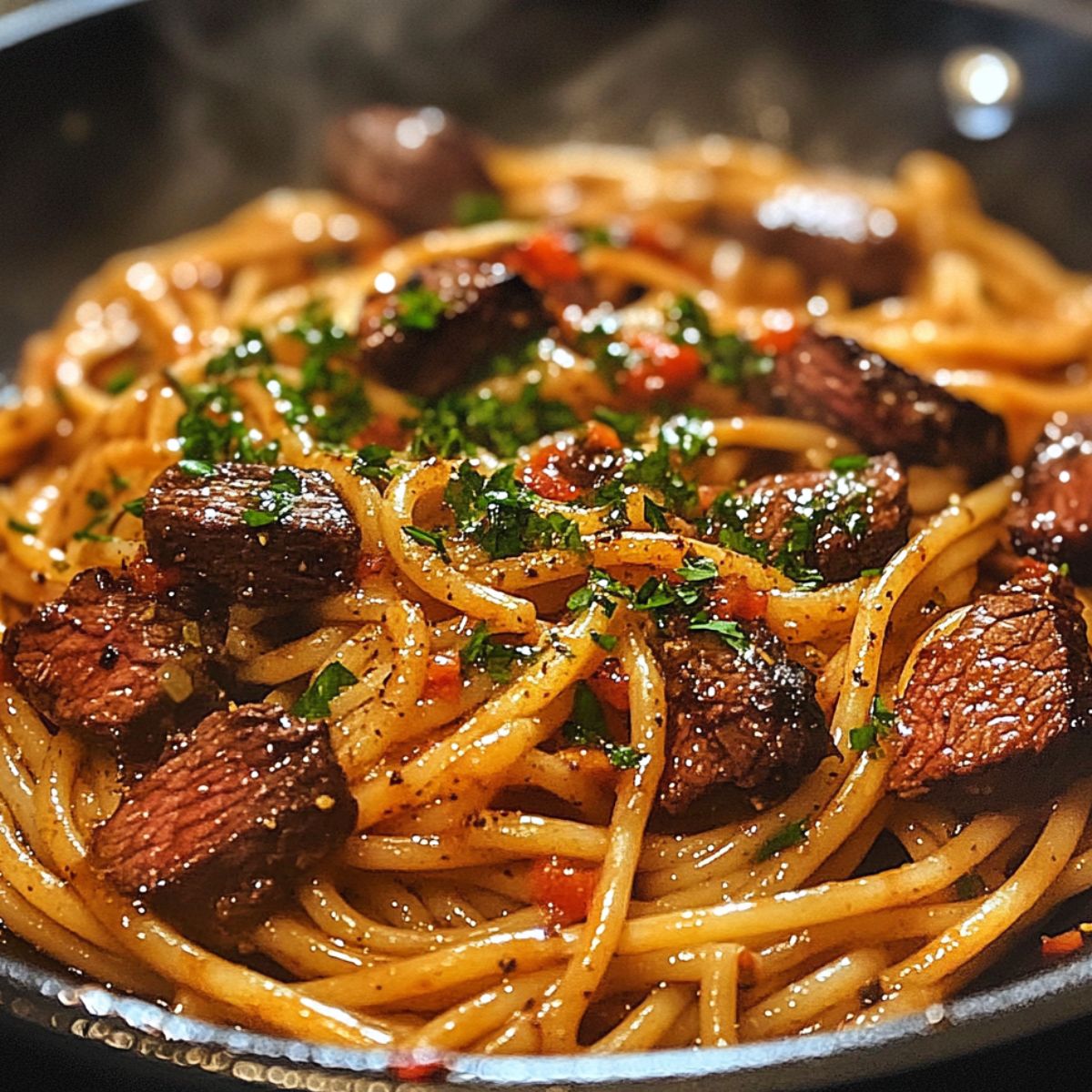Pasta and steak tossed together with creamy garlic sauce in a skillet