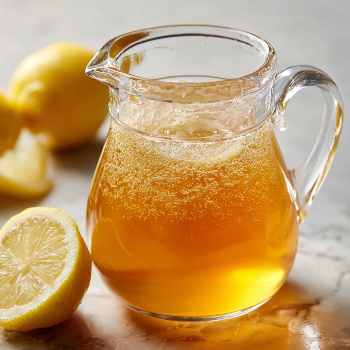 Fresh lemon being squeezed into a pitcher of tea
