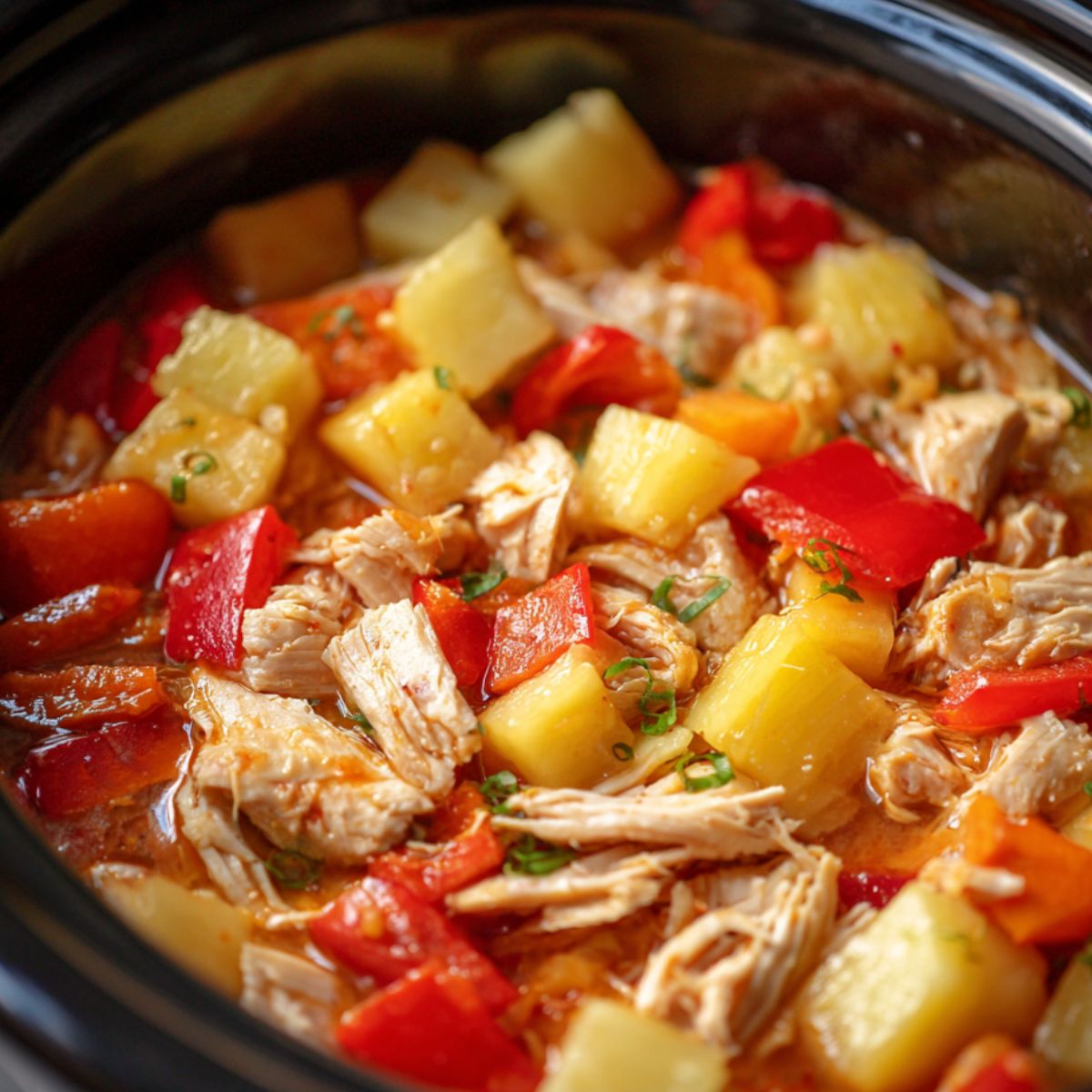 Raw ingredients layered in the crockpot before cooking.