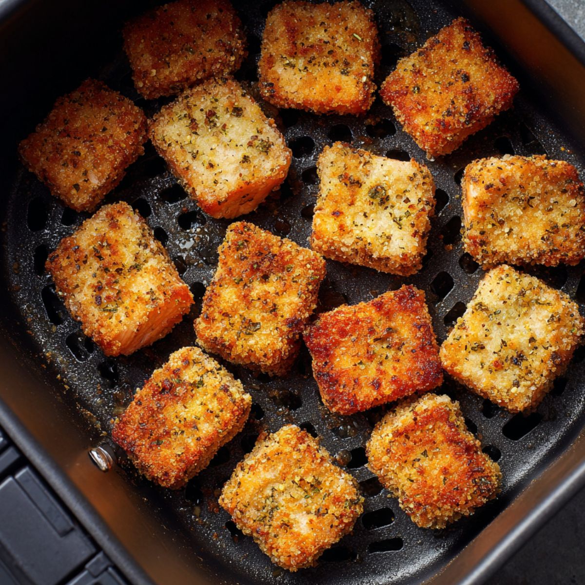 Breaded salmon bites cooking in the air fryer basket