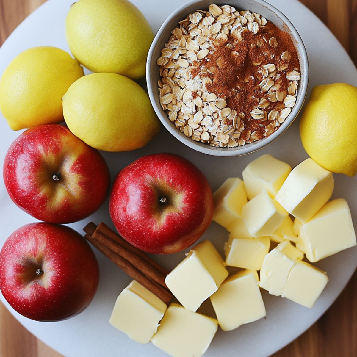 Ingredients laid out for making a breakfast apple crumble on a kitchen counter