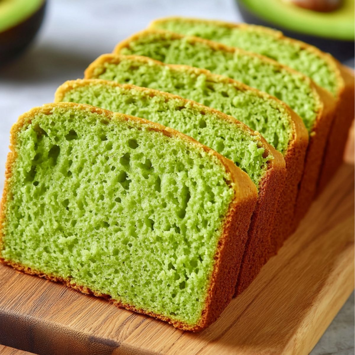 Homemade 3 ingredient avocado bread loaf sliced on a kitchen counter
