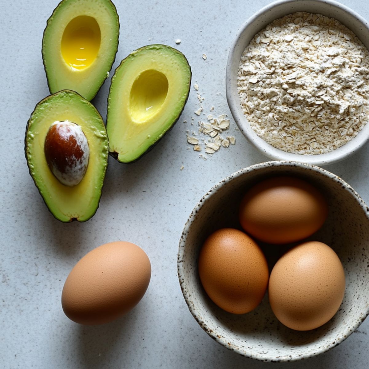 Avocados, eggs, and oat flour displayed for homemade avocado bread