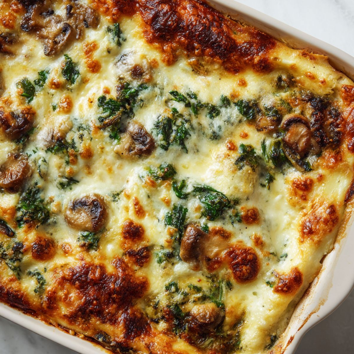 Freshly baked creamy spinach and mushroom lasagna resting before serving