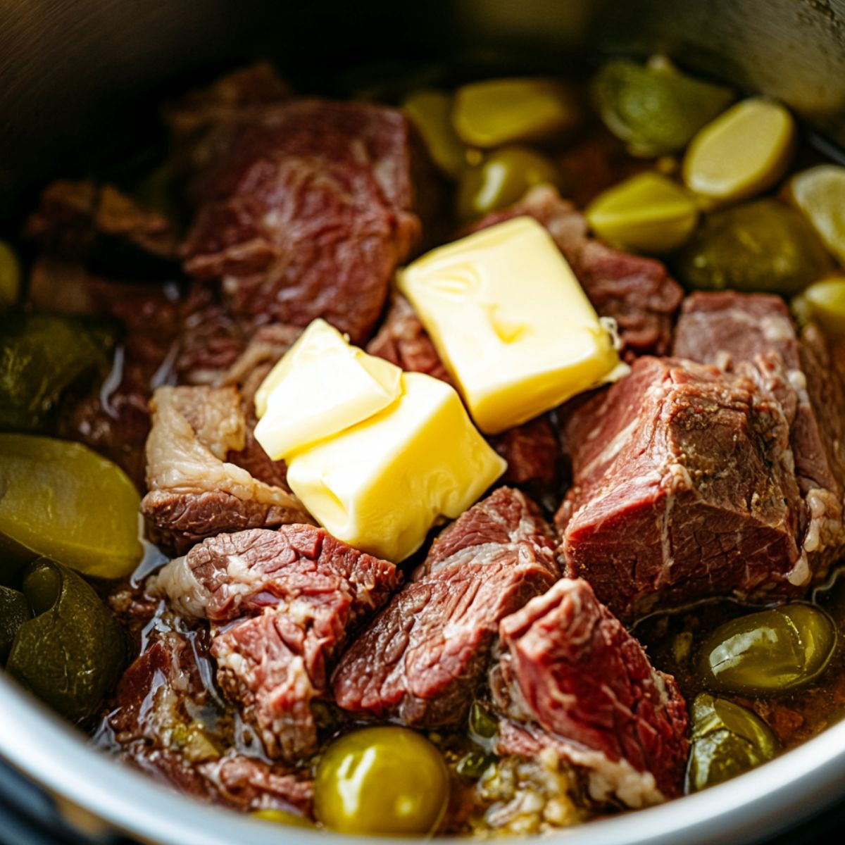 Roast topped with butter and pepperoncini before pressure cooking