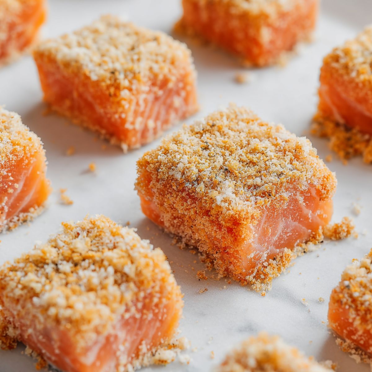 Coat the salmon in flour, egg, and seasoned panko until evenly covered.