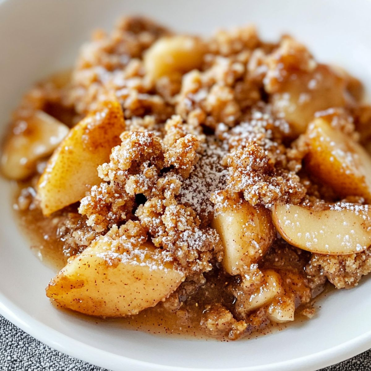 Freshly baked breakfast apple crumble in a white dish on a countertop