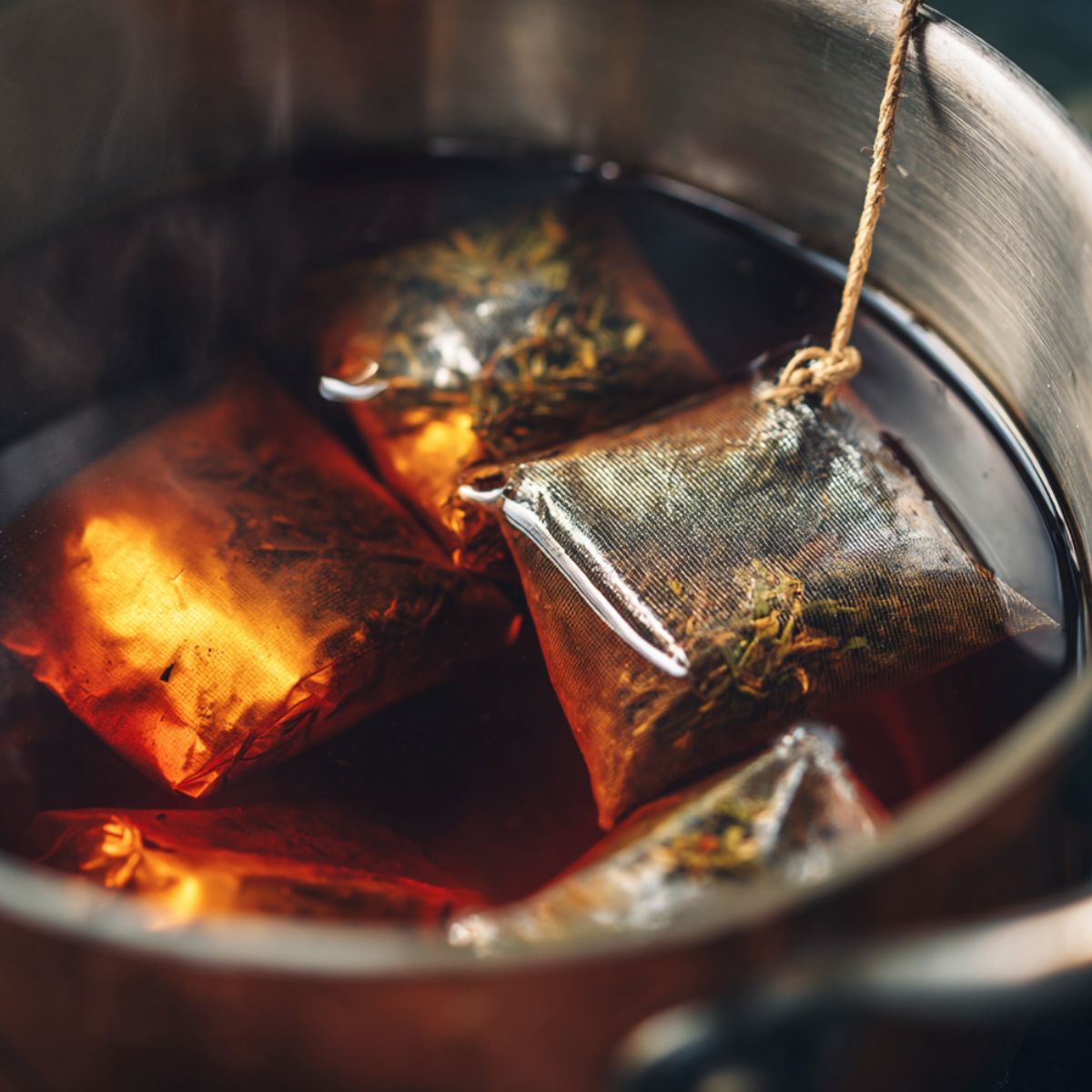 Tea steeping in a pot with bags still in water