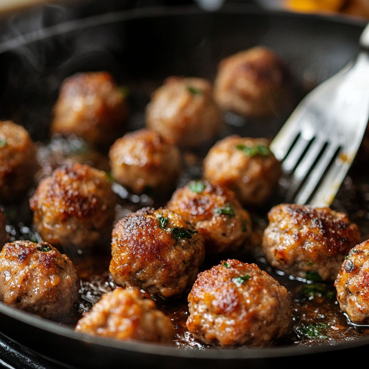 Browning stuffed meatballs in a skillet