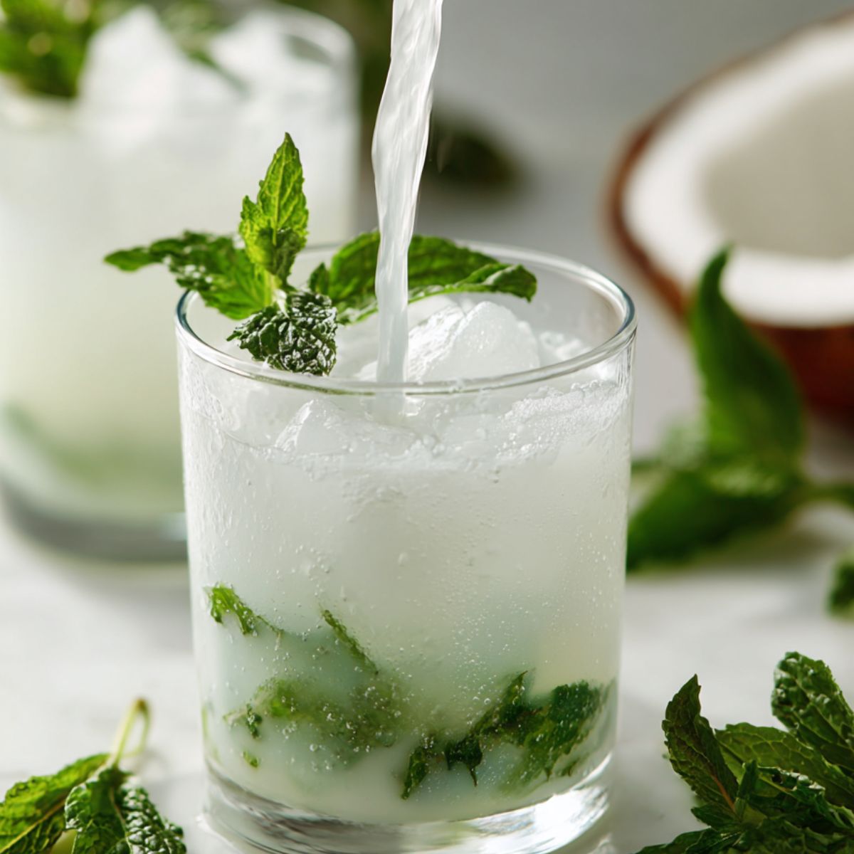 Coconut water and cream being poured over ice and muddled mint in a glass.