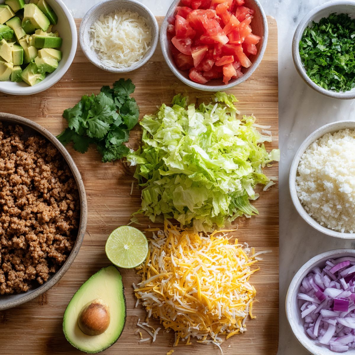  Fresh chopped ingredients for a low carb burrito bowl on a kitchen counter