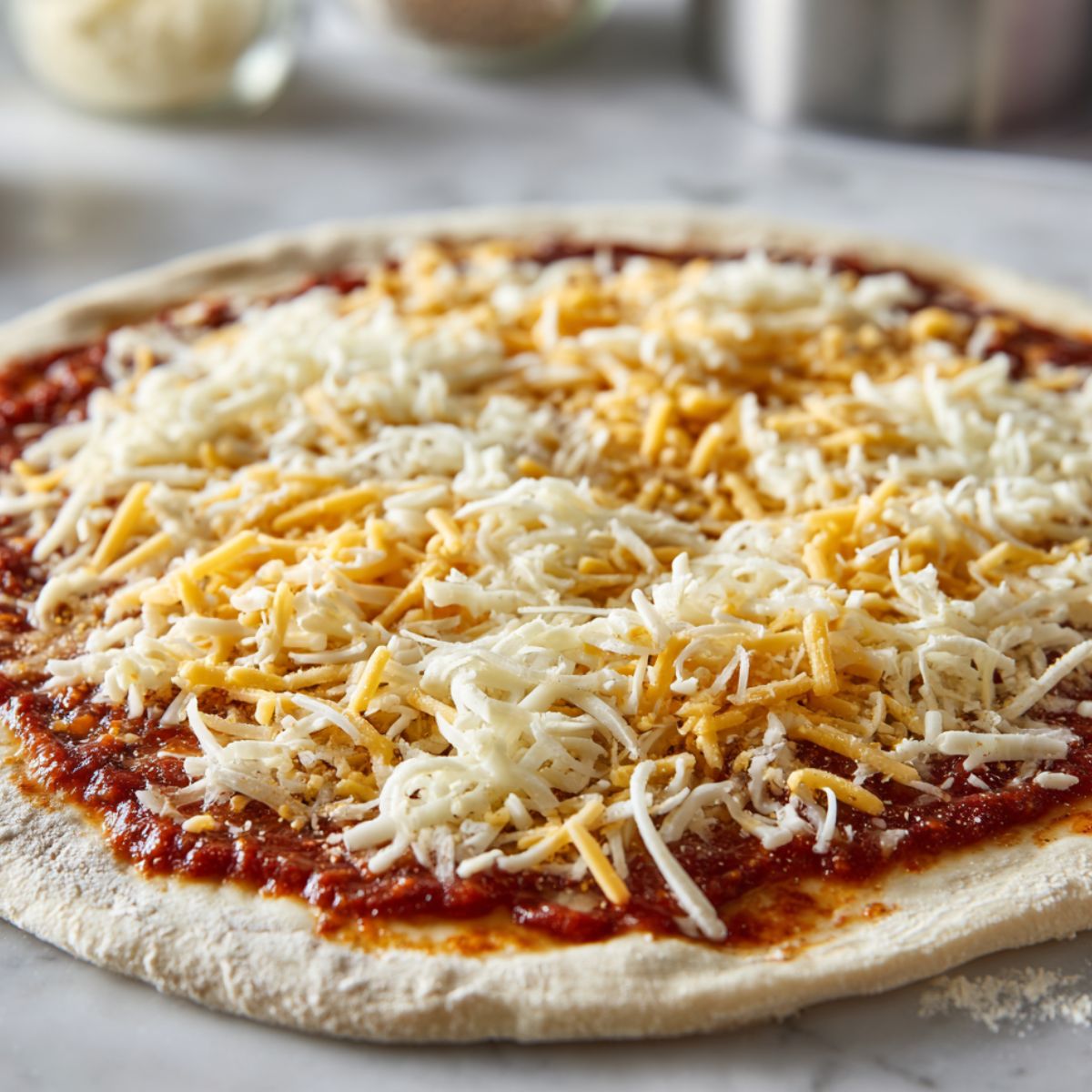 Unbaked cheesy pizza topped with sauce and cheese