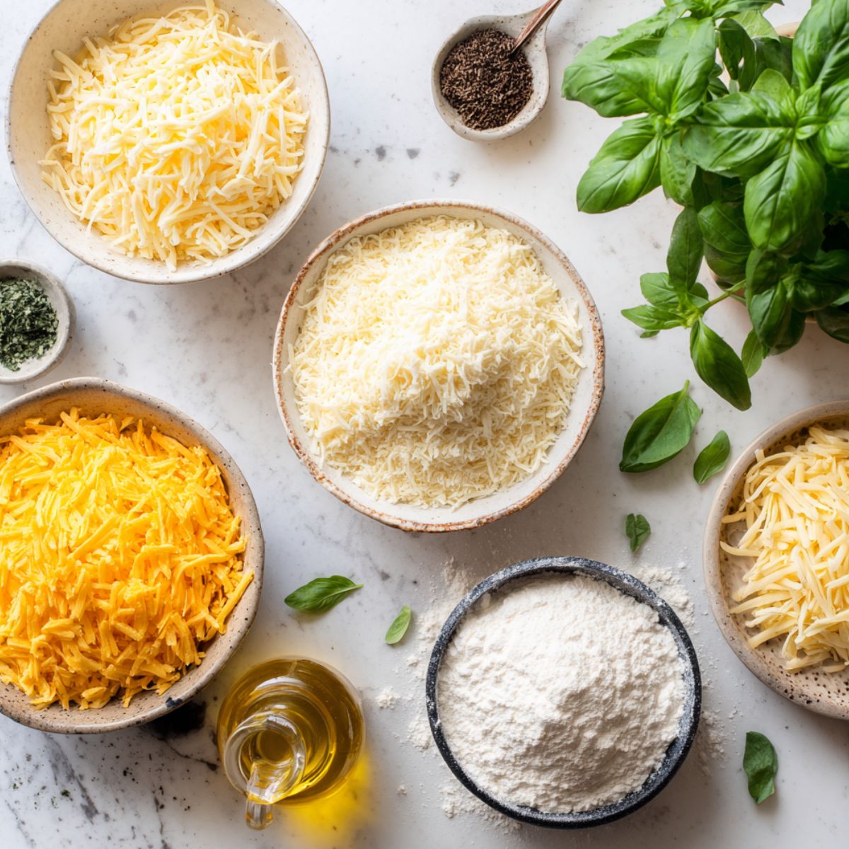 Ingredients for homemade cheesy pizza on a white kitchen counter
