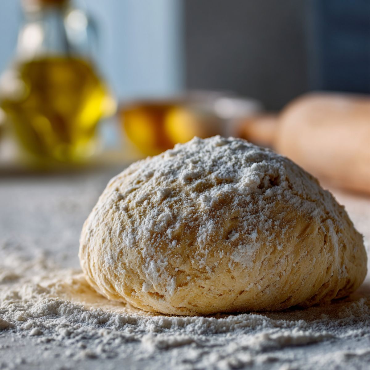 Pizza dough ball on a floured kitchen counter