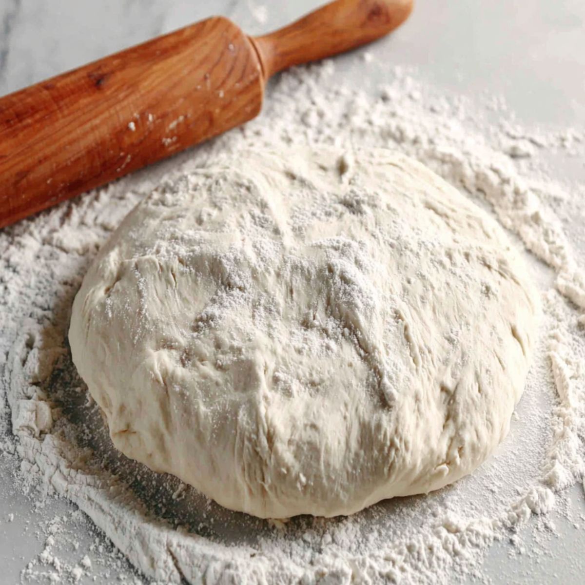 Rolled pizza dough on a floured kitchen counter