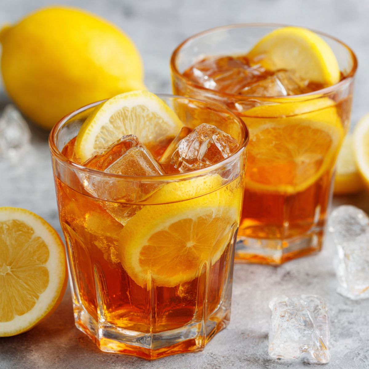 Two homemade lemon iced tea glasses with ice and lemon slices