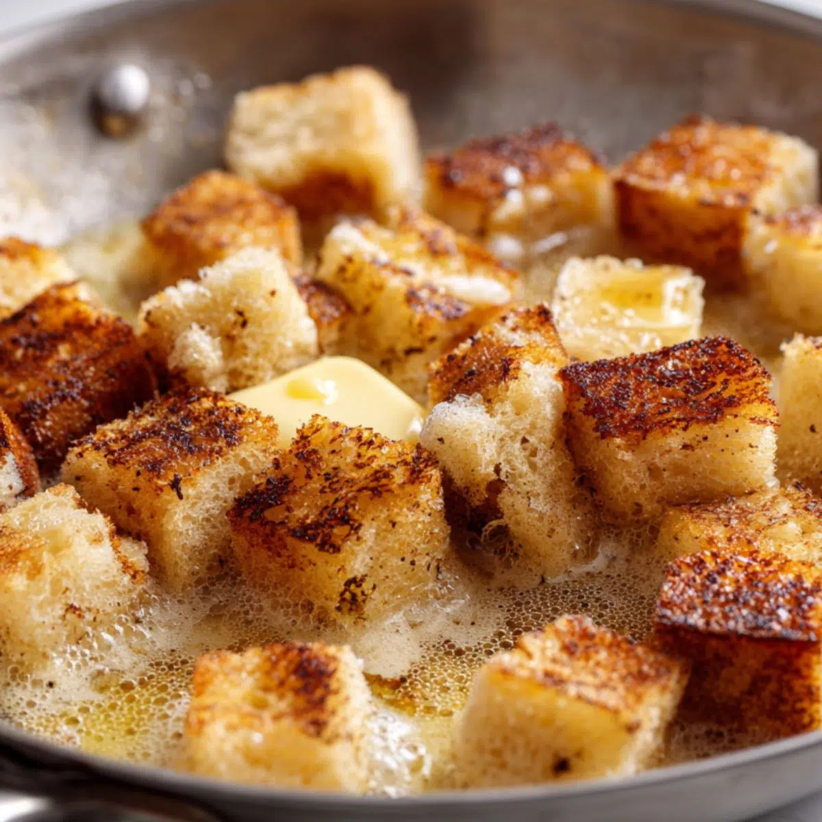 Overhead view of cinnamon french toast bites cooking in a skillet on a white counter