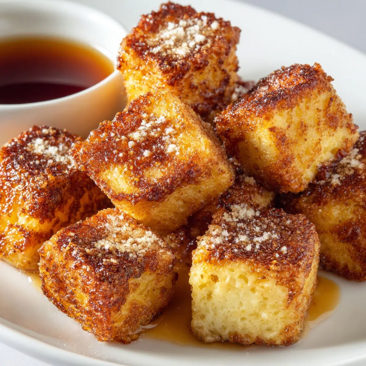 Overhead view of cinnamon french toast bites stacked on a plate with maple syrup on a white kitchen counter