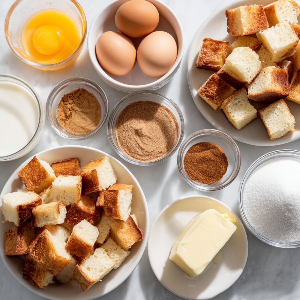 Overhead shot of cinnamon french toast bites ingredients arranged on a white counter