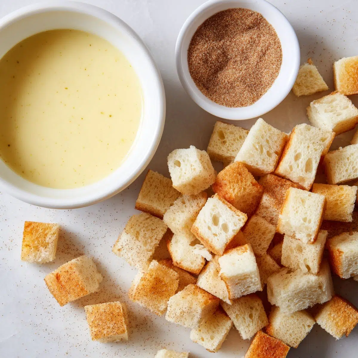 Cubed bread and custard mixture on a white counter ready for cinnamon french toast bites prep