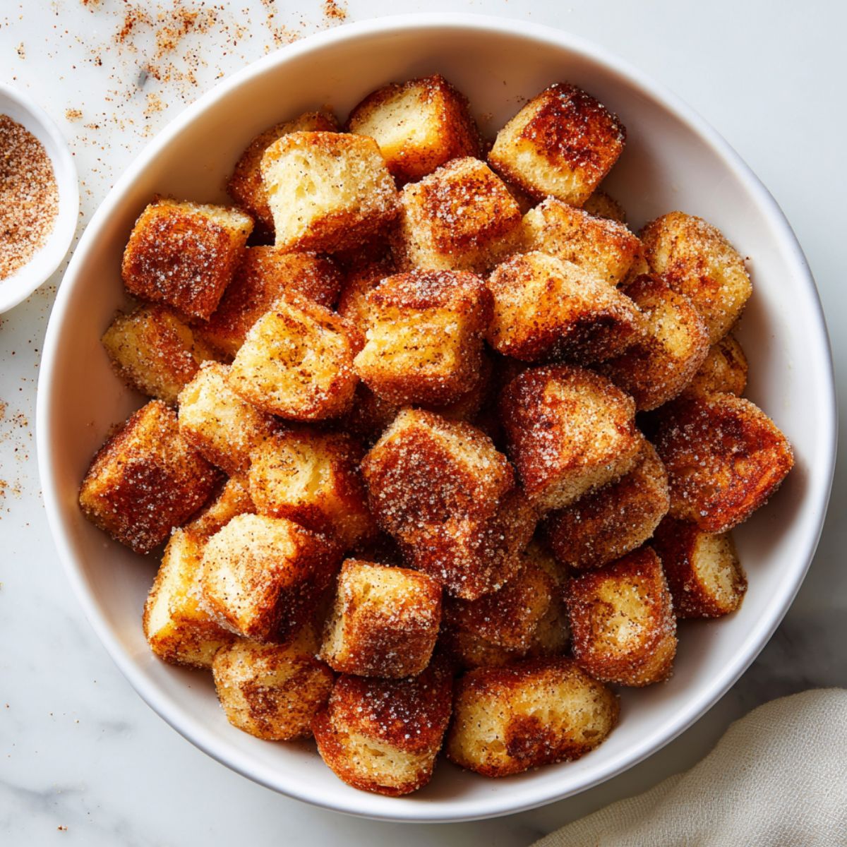 Overhead shot of cinnamon french toast bites being coated in cinnamon sugar on a white counter