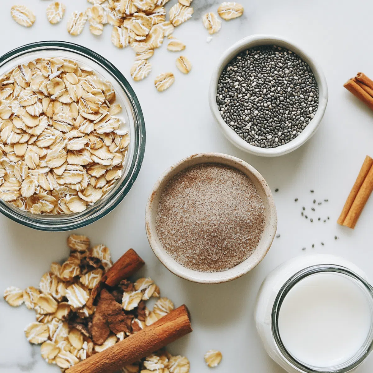 Flat lay of ingredients for cinnamon roll overnight oats on a white counter, including oats, cinnamon, milk, brown sugar, and yogurt