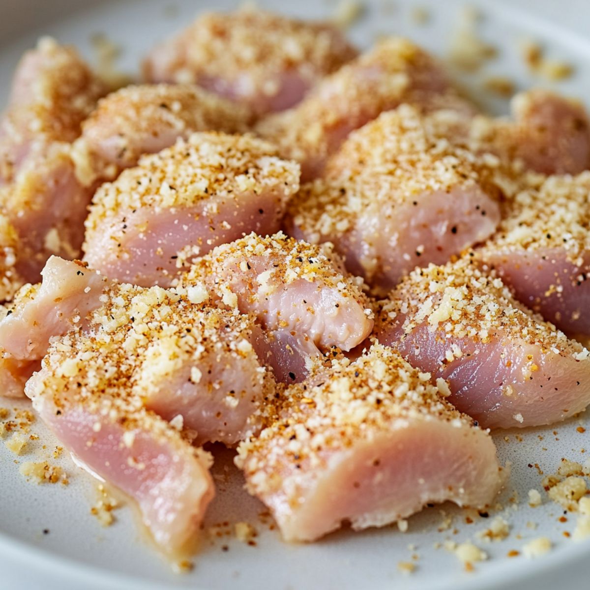 Chicken pieces being coated in almond flour and pork rind mix