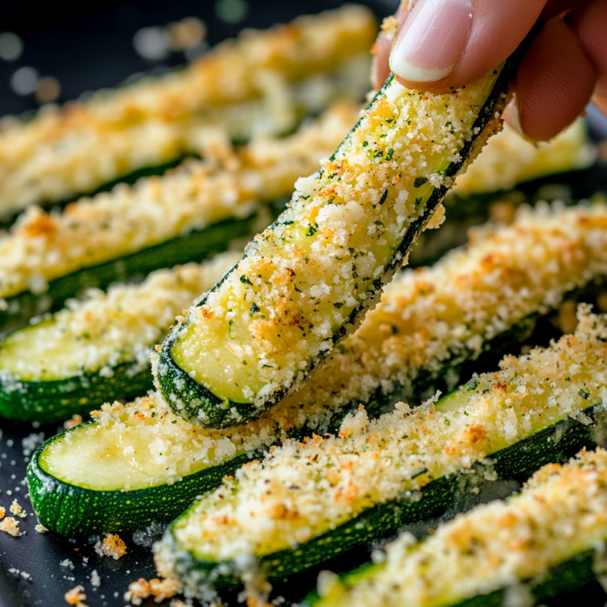 Zucchini sticks being coated in parmesan and breadcrumbs.