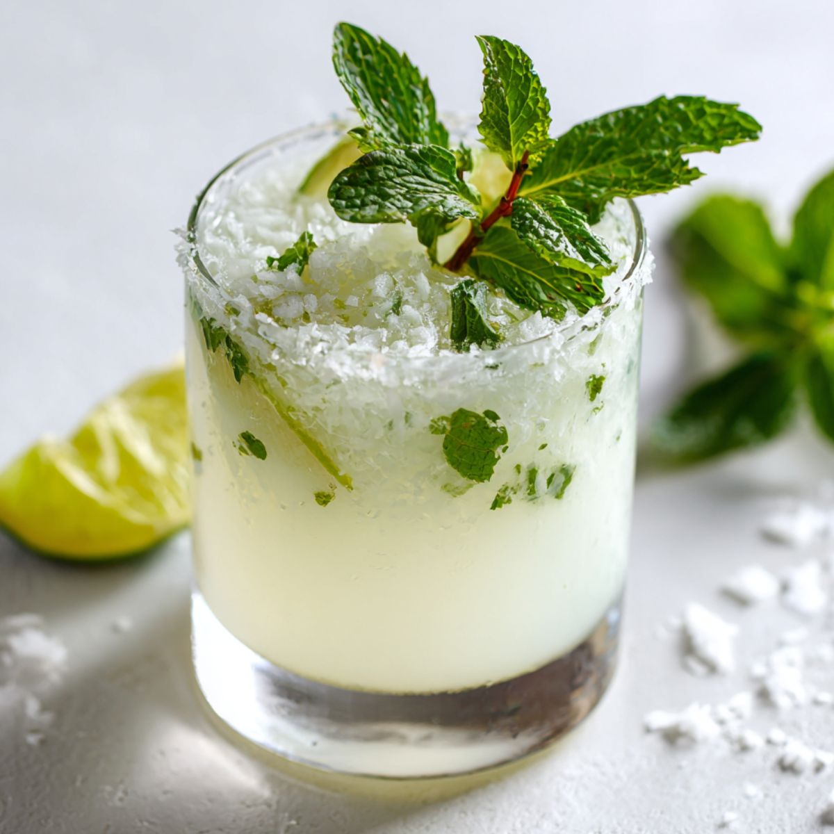 Coconut mojito recipe in a highball glass with crushed ice, lime wedge and mint sprig on a white kitchen counter.