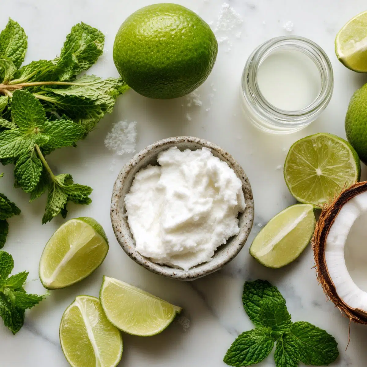 Coconut mojito ingredients including mint, lime, coconut water, coconut cream, and simple syrup arranged on a white counter.