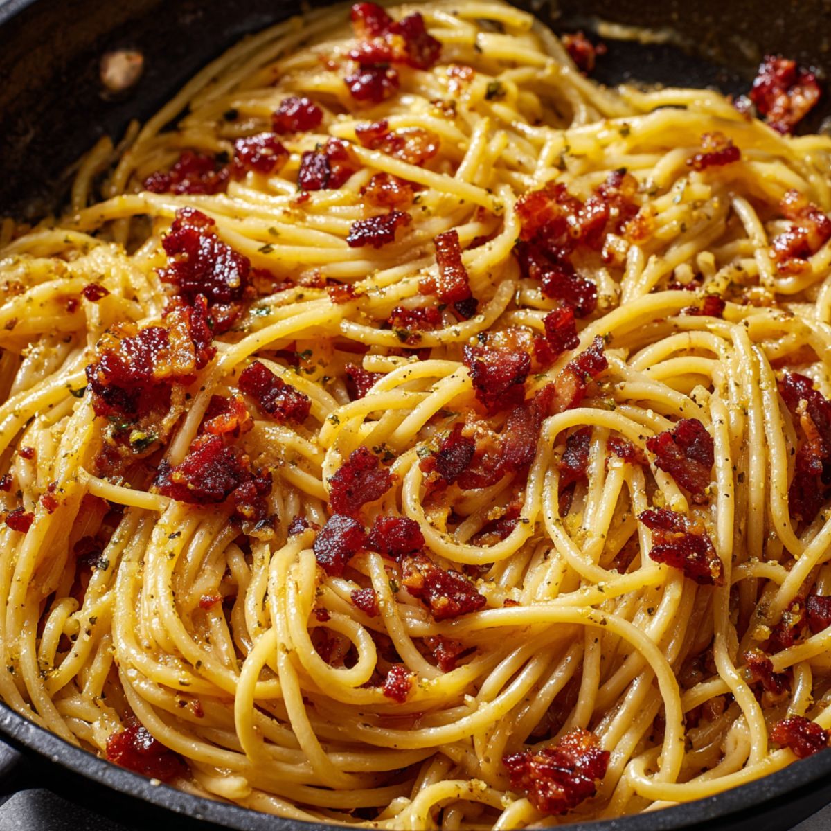 Hot pasta tossed with crispy guanciale in a skillet.