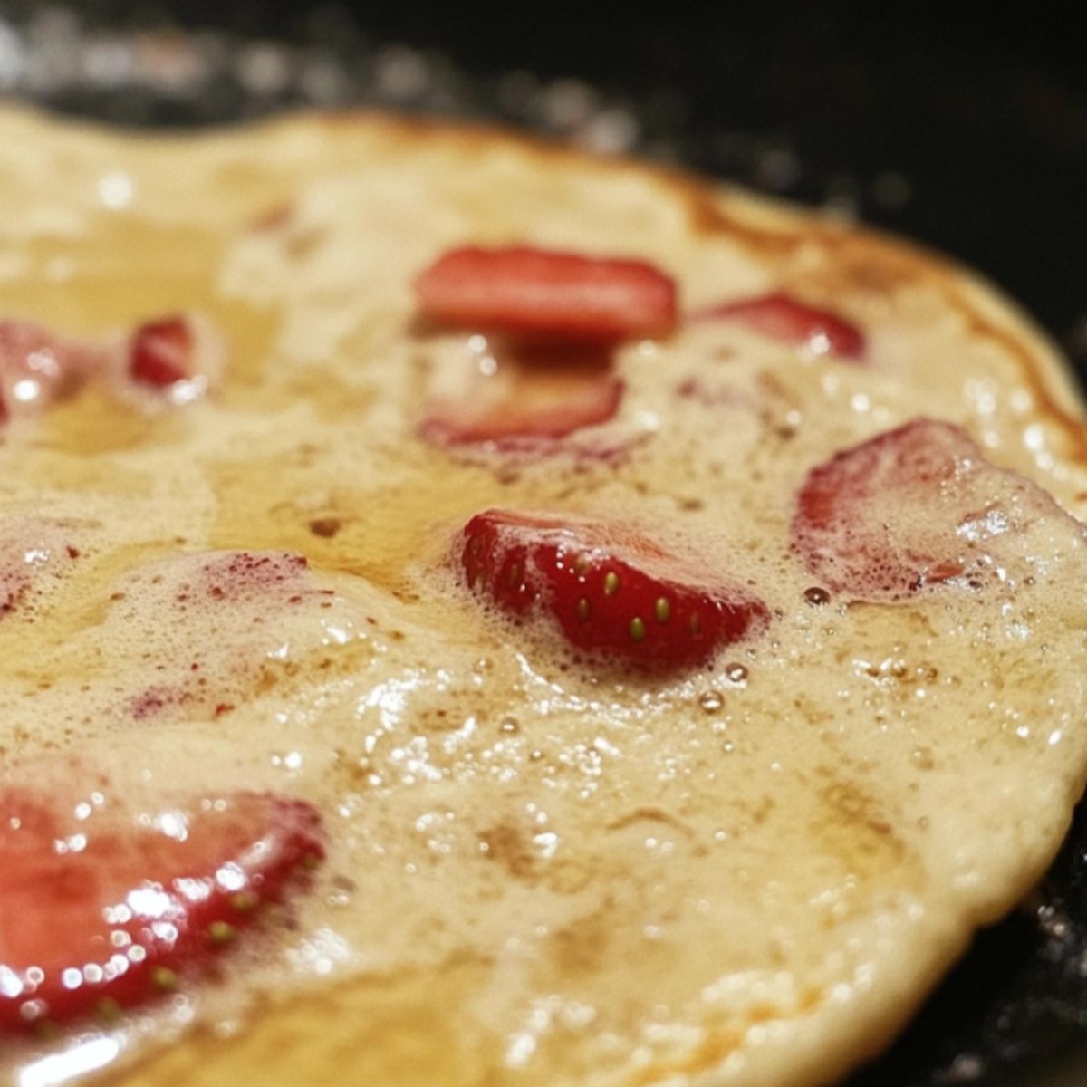 Strawberry pancakes cooking on a stovetop griddle

