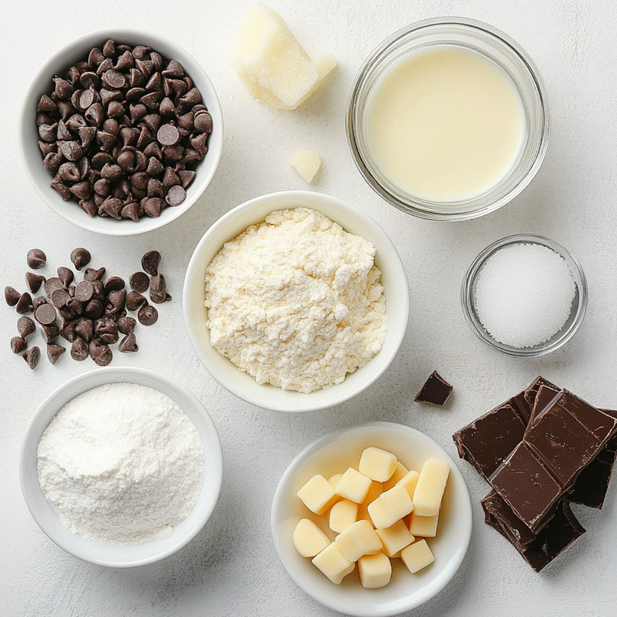 All ingredients for cookie dough bars laid out on a white counter