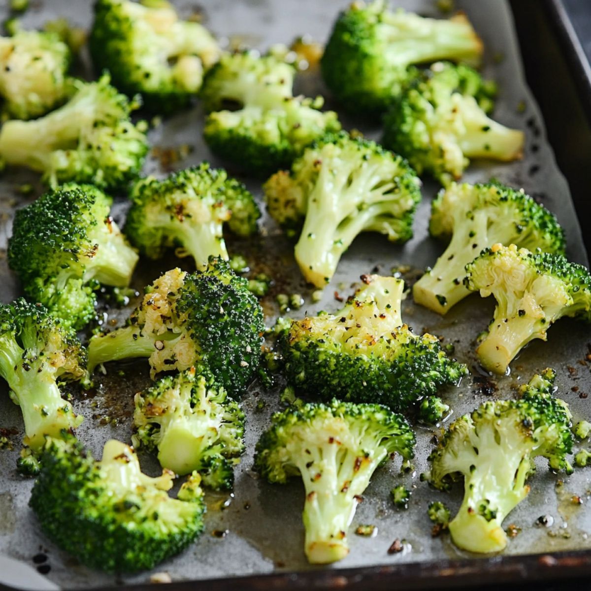 Roasted broccoli on a baking tray.