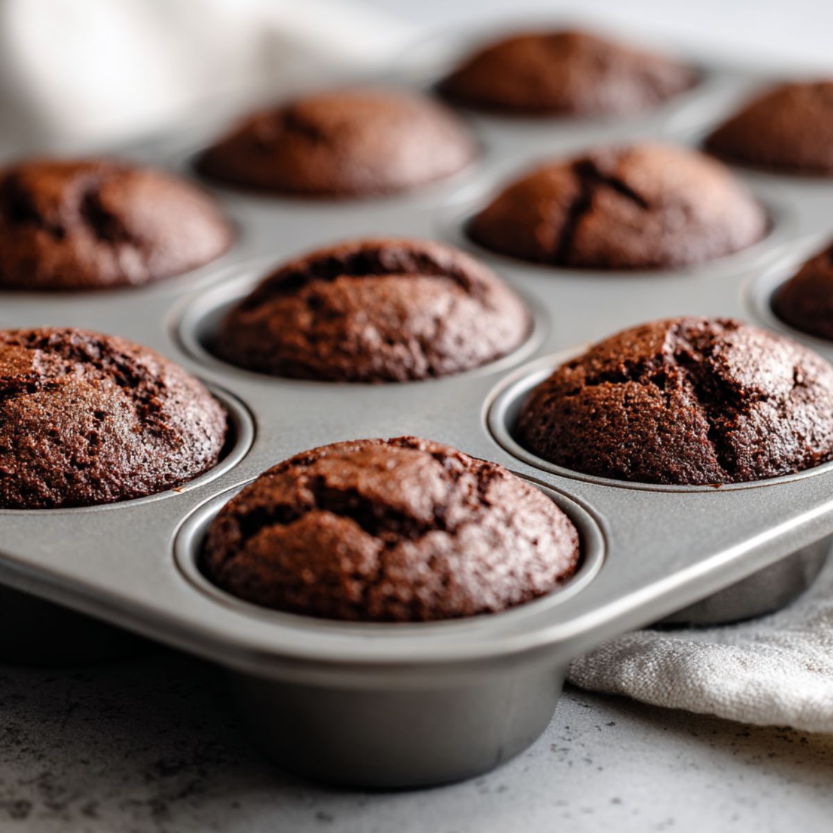 Brownie bites cooling in a muffin tin on a white counter