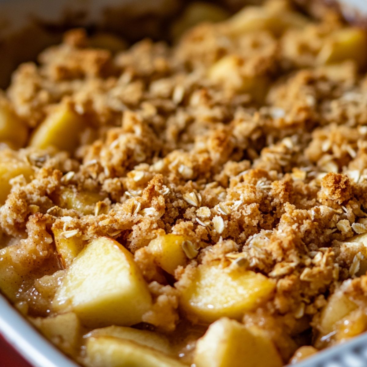 Unbaked breakfast apple crumble in a dish ready for the oven