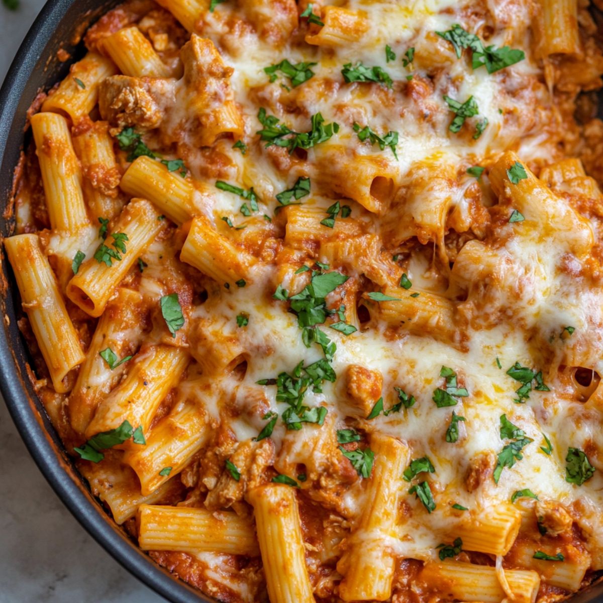 Enchilada pasta served  with creamy sauce and melted cheese.