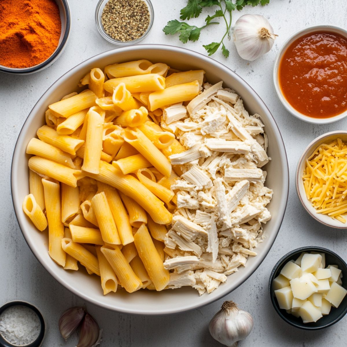  Flat lay of ingredients used to make enchilada pasta, laid out on a white countertop.