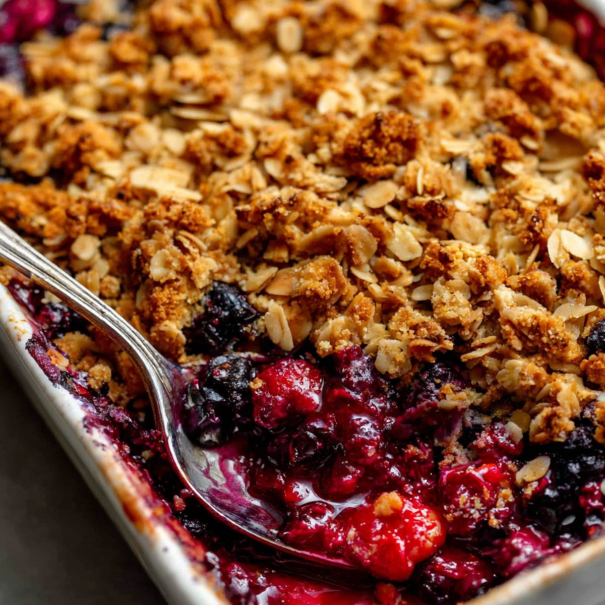 A warm mixed berry crisp with frozen berries in a white baking dish on a kitchen counter