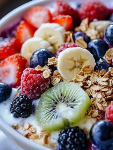 Homemade breakfast fruit salad with yogurt in a ceramic bowl on white counter