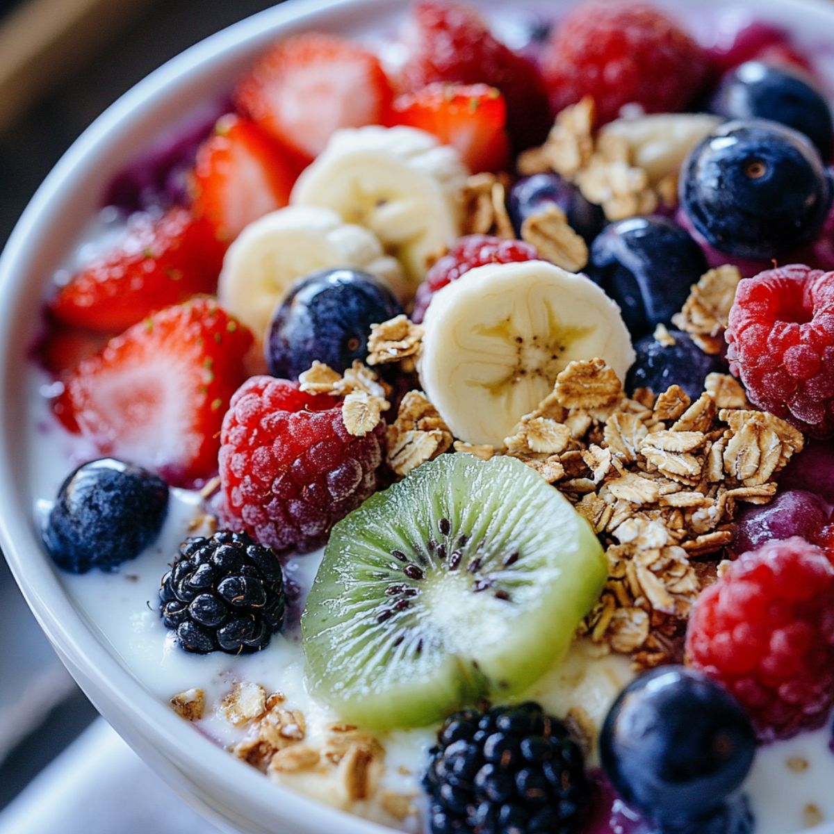 Homemade breakfast fruit salad with yogurt in a ceramic bowl on white counter